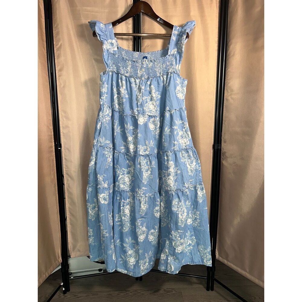Old Navy Sz. XL Blue Floral Maxi Dress Smocked 100% Cotton Ruffle Strap